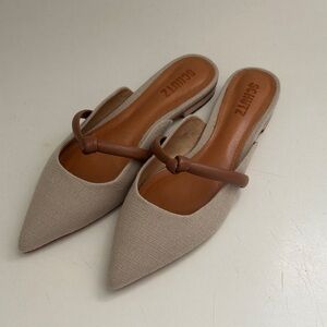 NEW SCHUTZ Beige Linen Pointed-Toe Mules with Brown Knotted Strap- size: 8.5